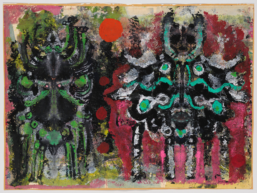 A vibrant abstract painting featuring a symmetrical composition with mirror-like patterns in black, green, and white, accented with splashes of red and pink. The texture appears thick and layered, with a rough, almost tactile quality. The edges of the canvas show exposed, unpainted areas, adding to the artwork's raw aesthetic.