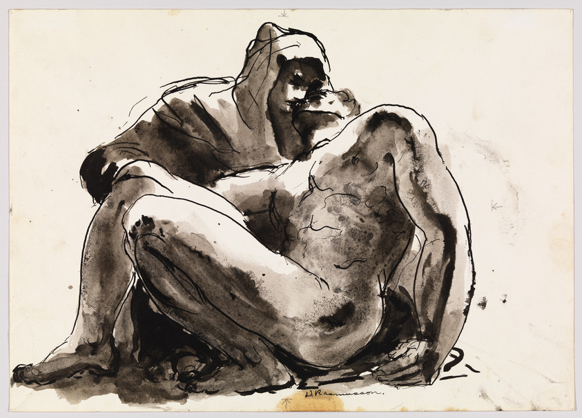 A monochromatic ink drawing depicting a muscular figure in a dynamic pose, with heavy shading and bold strokes emphasizing the form and musculature. The figure appears contemplative or introspective, with a hooded garment adding to the dramatic effect. The artist's signature is visible at the bottom right.