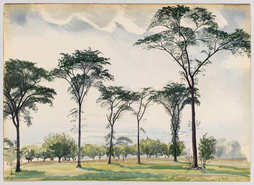 A watercolor painting depicting a serene landscape with tall, slender trees in the foreground and a line of lush greenery in the background under a sky with soft, billowing clouds.