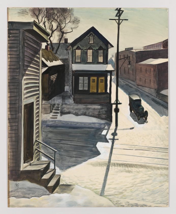 A painting depicting a snowy street scene with a vintage car parked on the side. Two houses are visible, one with a prominent yellow door. Bare trees, a wooden staircase, and a utility pole with wires are also featured, creating a quiet, wintery atmosphere.