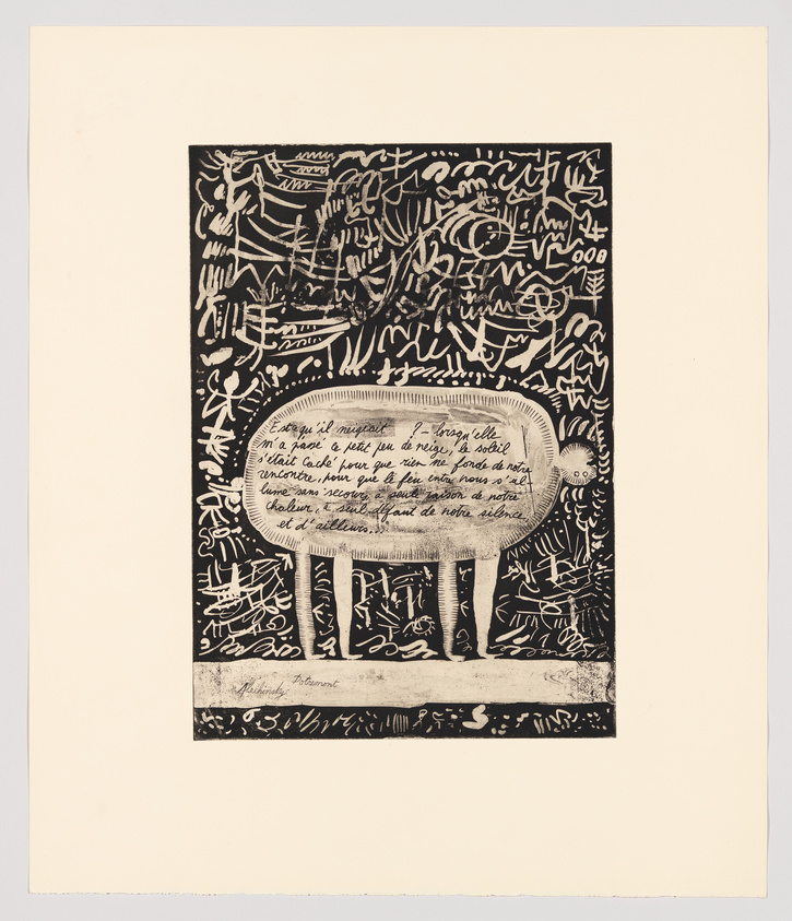 A black and white print featuring a dense array of abstract symbols, scribbles, and line drawings. In the center, there's an oval shape containing handwritten text, surrounded by various forms that resemble hieroglyphics or primitive drawings. The artwork is bordered by a plain margin, and at the bottom, there's a signature and a number indicating it's part of a limited series.