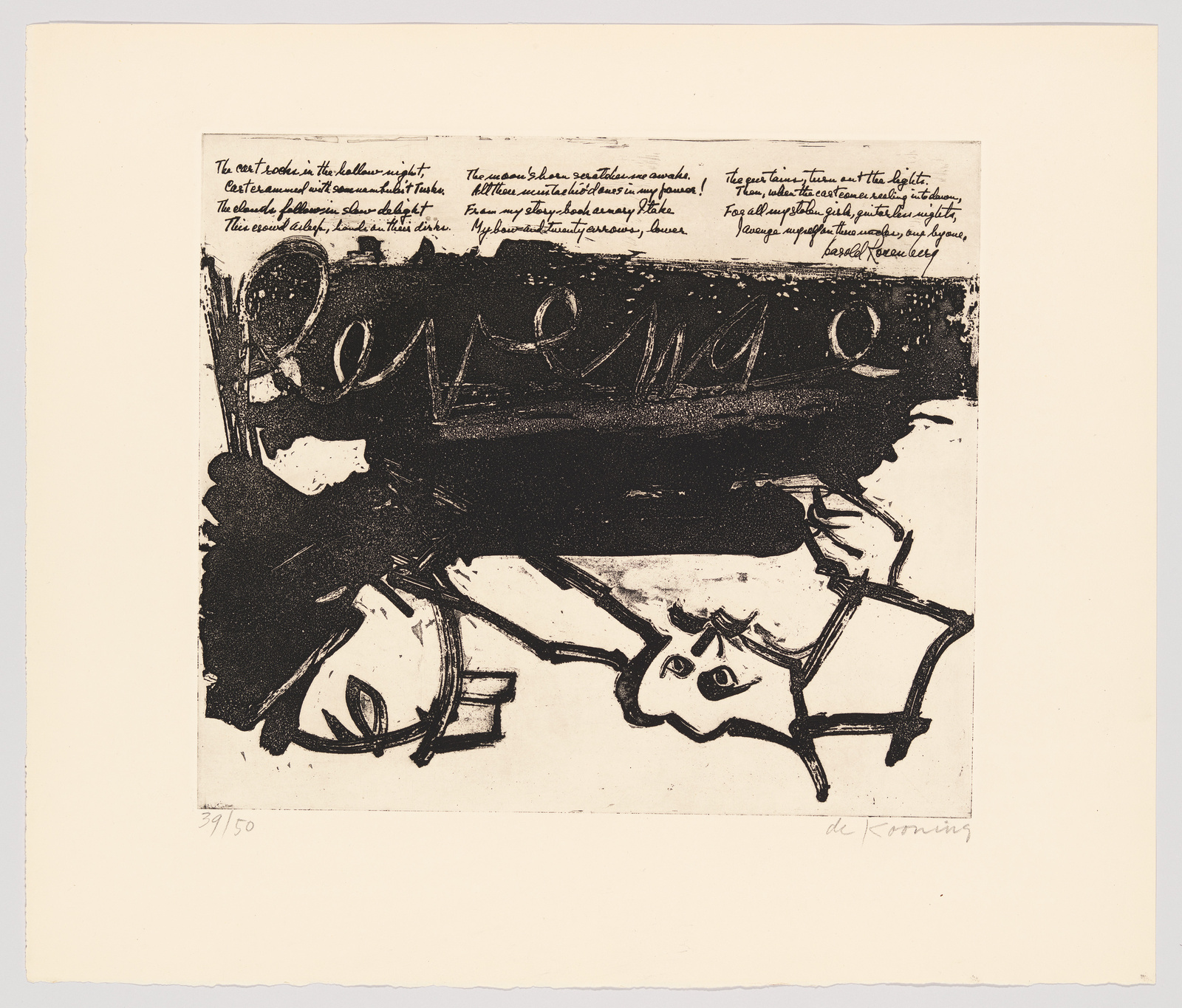 A black and white abstract print featuring bold, expressive lines and shapes with text elements at the top. The central figure appears to be a stylized, fragmented form that could be interpreted as a human or animal shape, surrounded by dark areas and scratchy marks. The print is numbered 39/50 and signed by the artist 'de Kooning' on the bottom right.