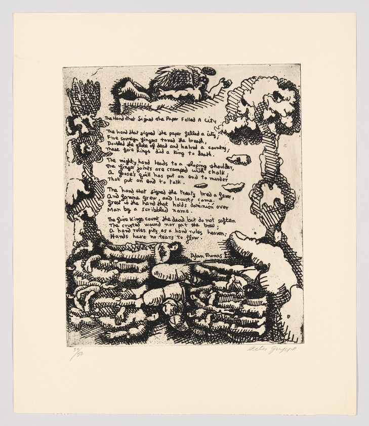 This is a black and white etching featuring a chaotic scene with various figures and a tree, accompanied by a poem written in English. The poem discusses the impact of a hand signing a paper, suggesting themes of power and consequence. The artwork is signed by the artist at the bottom right.
