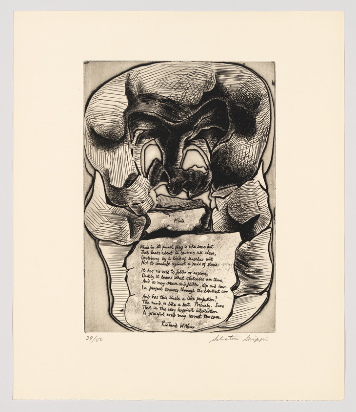 This is a black and white etching depicting an abstract, distorted human face with exaggerated features surrounded by wavy lines. Below the image is a block of text, which appears to be a poem, and at the bottom are signatures and a numbering indicating it is part of a limited series. The overall composition suggests a focus on the human psyche, as indicated by the word "Mind" written in two places within the artwork.