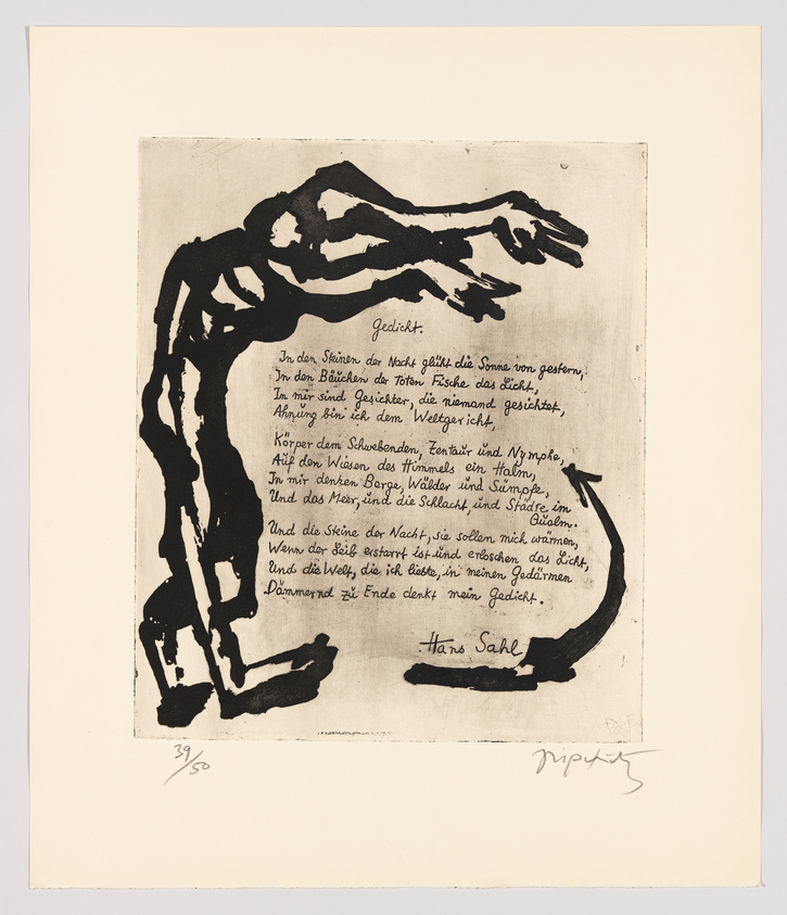 A black and white print featuring a stylized human figure in a crouching position with text written in German surrounding the figure. The artwork has a rough, expressive quality, with thick black lines outlining the figure against a lighter background. The text appears to be a poem, and there is a signature at the bottom right corner that reads "Hans Sahle" along with the edition number "39/50" on the bottom left.