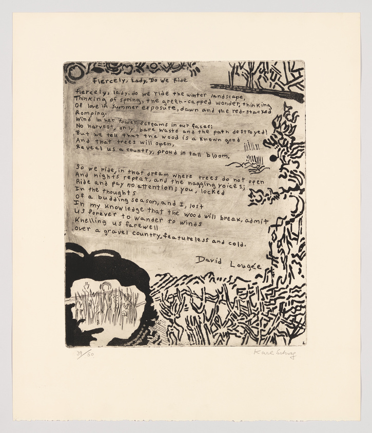This is an image of an artwork featuring a block of text with a poem titled "Fiercely, Lady, Do We Ride" by David Lougee, surrounded by abstract tree-like patterns. Below the text, there is a black and white illustration of a landscape with trees and a figure holding an umbrella. The artist's signature, "Kane Savage," is at the bottom right, and the edition number "39/50" is at the bottom left.