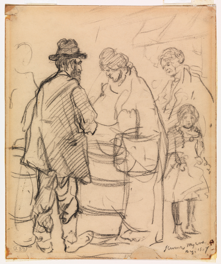 A sketch on aged paper depicting a scene with four figures, possibly from the 19th century based on their attire. A man in a hat and coat is turned towards a woman who is also heavily clothed, and they appear to be engaged in a transaction or conversation. To the right, another woman stands in profile, looking on, while a young girl in a dress and boots is sketched more faintly in the foreground. The artist's signature and the date May 1887 are visible in the bottom right corner. The drawing is characterized by loose, expressive lines and is not fully detailed, suggesting it may be a preliminary study or a moment captured quickly.
