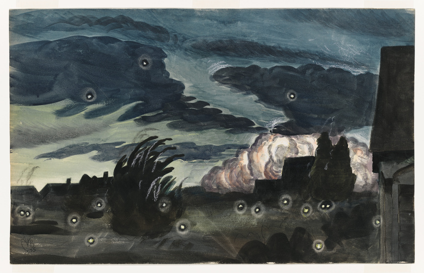 A watercolor painting depicting a dark, ominous sky with swirling clouds, some of which have eye-like formations, over a shadowy landscape with buildings that also have eye-like windows. A bright explosion or fireball illuminates the horizon, contrasting with the dark tones of the scene. The artwork conveys a surreal, almost nightmarish atmosphere.