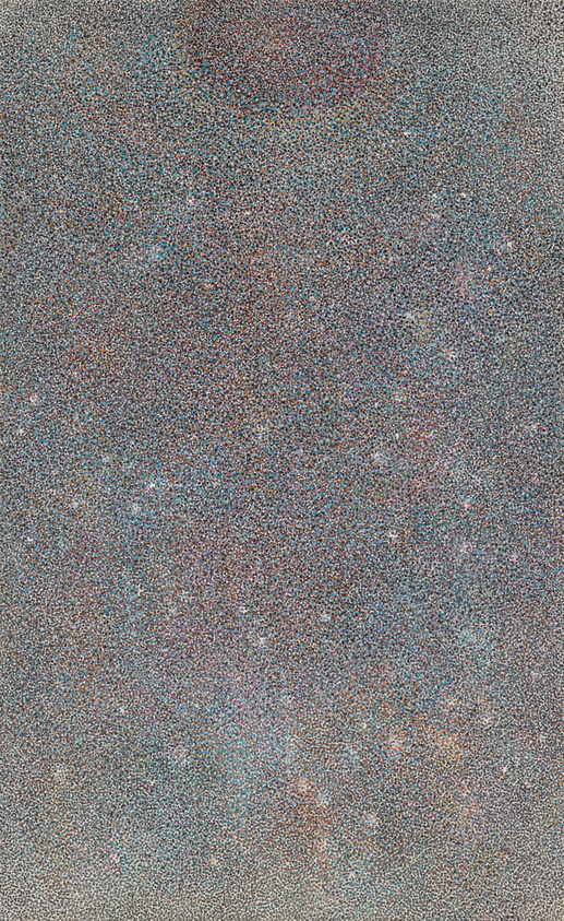 A densely packed, multicolored pointillist-style painting with numerous small, distinct dots of color creating a textured and vibrant surface.