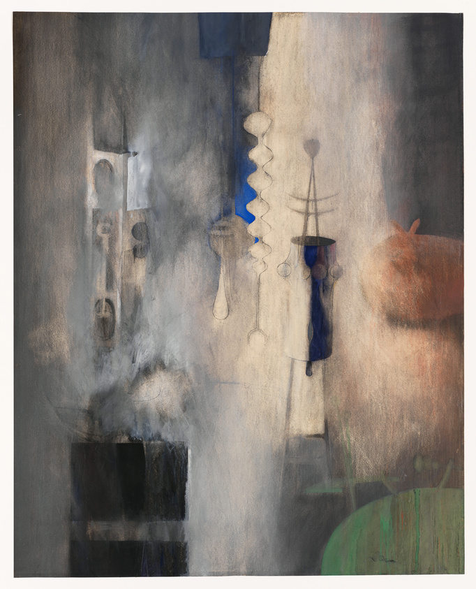 Abstract painting with a blend of dark and light areas, featuring a mix of geometric and organic shapes. Dominant colors include shades of gray, beige, blue, and hints of green and orange. The composition suggests a combination of architectural forms and ambiguous figures, with a textured, layered appearance.