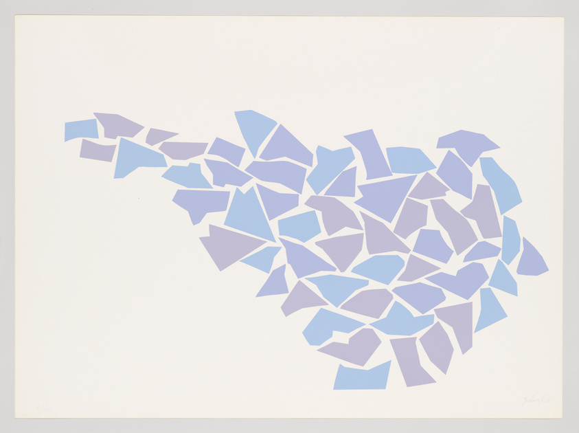 A graphic print featuring a cluster of geometric shapes in various shades of blue, resembling a fragmented or abstract composition, on a white background. The shapes are concentrated towards the center and right, with a few pieces trailing off to the left side, giving a sense of movement or dispersion. The artist's signature is visible in the bottom right corner.