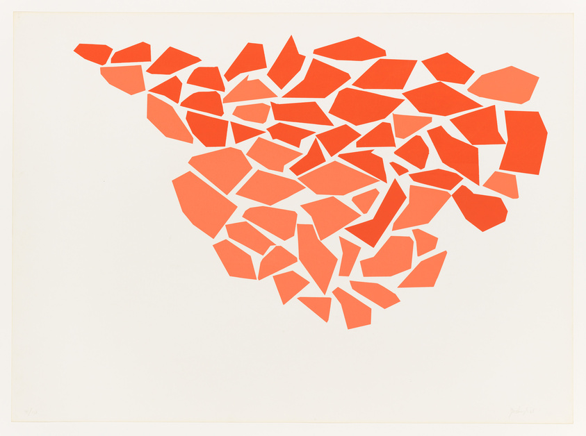 A graphic artwork featuring a cluster of irregular orange shapes resembling shards or fragments, arranged in a scattered pattern on a white background. The composition is abstract with a sense of movement, as if the pieces are floating or have just been dispersed.