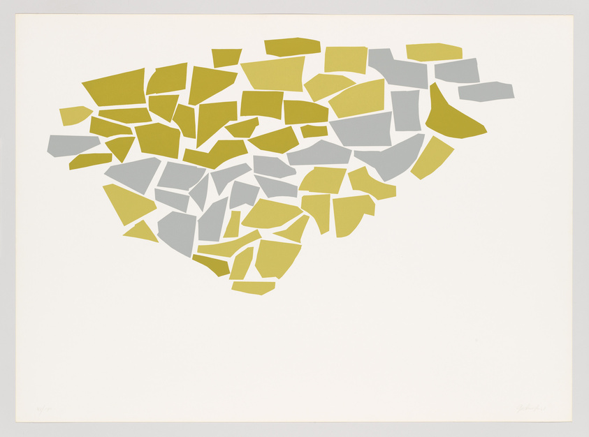 A graphic artwork featuring an abstract cluster of irregularly shaped, flat colored pieces in shades of yellow and gray, arranged in a scattered pattern on a white background. The composition is suggestive of a fragmented or deconstructed object, with a dynamic sense of movement. There is a signature at the bottom right corner.