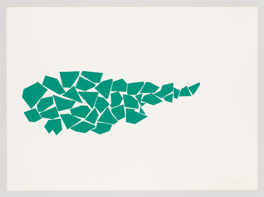 A graphic artwork featuring a cluster of irregular teal shapes that collectively resemble a comet, with the tail trailing off to the right, set against a plain white background. The image is signed by the artist in the lower right corner.