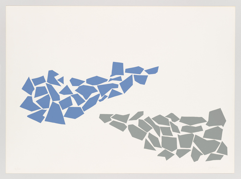 A graphic artwork featuring two clusters of irregular geometric shapes, one in shades of blue and the other in shades of gray, scattered across a white background.