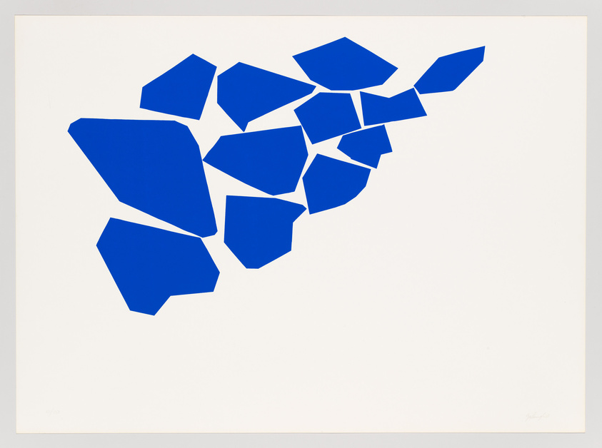 A graphic artwork featuring a cluster of irregular blue shapes on a white background, resembling pieces of a puzzle or shards of glass, with a signature at the bottom right corner.