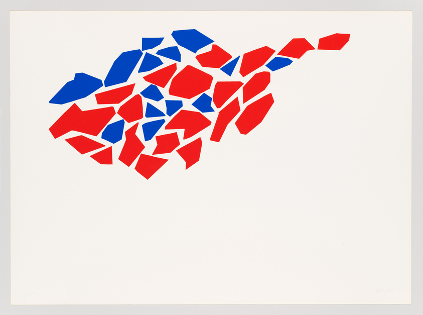 A graphic artwork featuring an abstract cluster of geometric shapes in red and blue, scattered across a white background, creating a dynamic and fragmented composition.