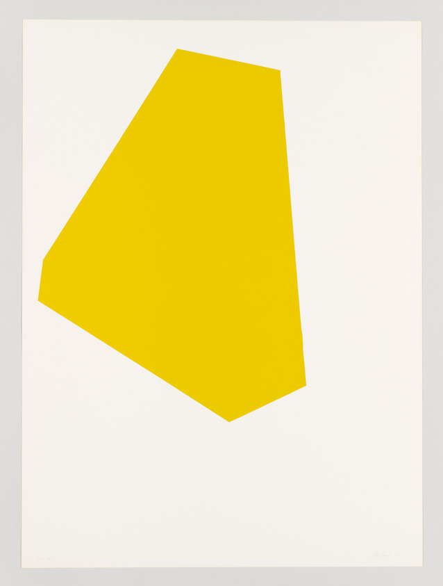 A graphic artwork featuring a bright yellow irregular pentagon centered on a white background with the artist's signature at the bottom right corner.