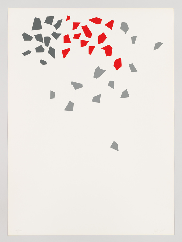 A modern abstract artwork featuring a scattering of red and gray geometric shapes, predominantly triangles, across a white background. The shapes are concentrated towards the top right corner and disperse towards the bottom left corner.