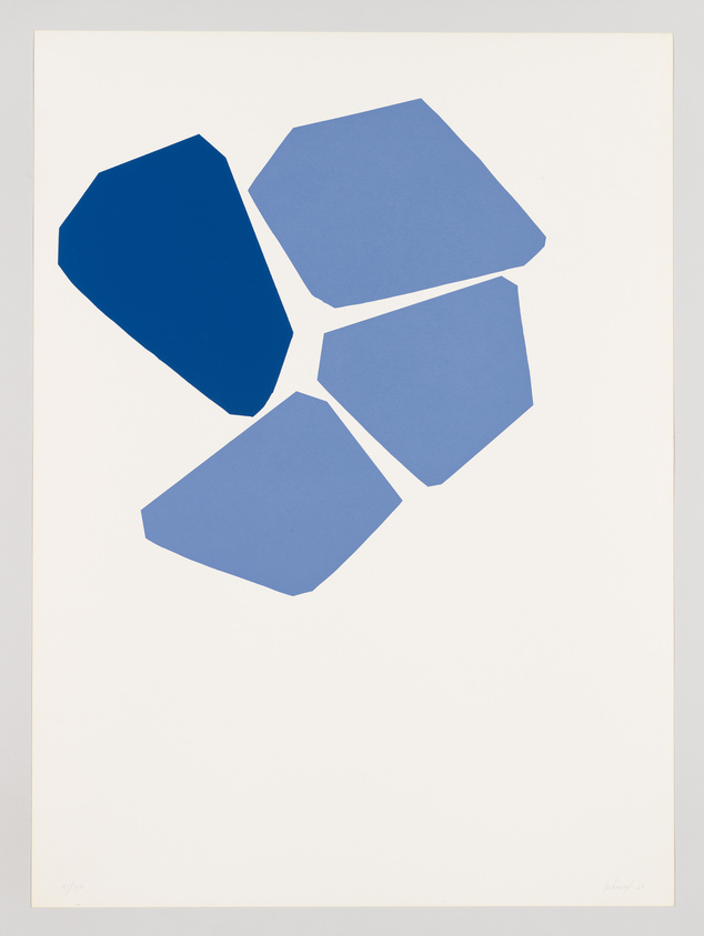 A minimalist artwork featuring an arrangement of geometric shapes in shades of blue on a white background. The composition consists of pentagon-like forms with varying tones and saturation, creating a sense of depth and abstraction.