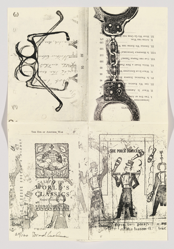 Collage of vintage book pages with illustrations and text, featuring abstract shapes and figures.