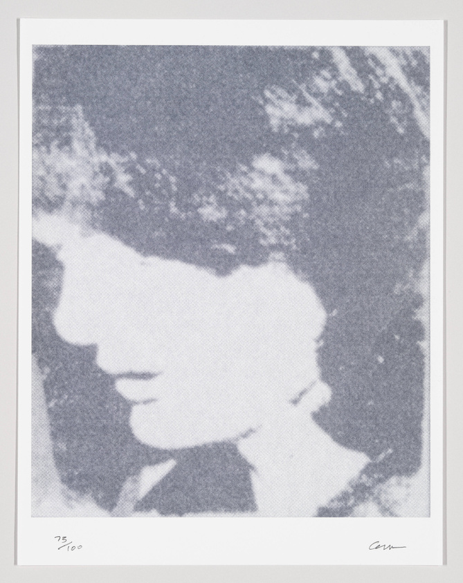 A grainy, high-contrast print of a person's profile with a numbered edition marking and a signature on the bottom.
