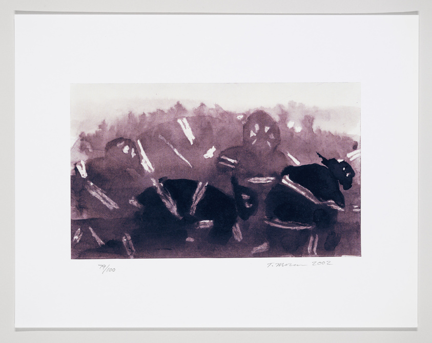 A monochromatic watercolor painting depicting a group of cows in various shades of black and gray. The artwork is numbered 79/100 and signed by the artist with the year 2002. It is matted on a white background and framed under glass.