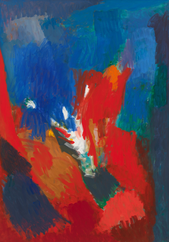 A vibrant abstract painting with bold strokes of red, blue, and orange colors blending into each other, creating a dynamic and energetic composition.