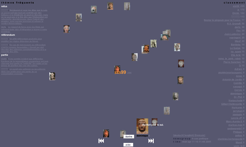 A collage of small, scattered images of faces on a gray background, with text in French and English, and a central highlighted number "sts99".