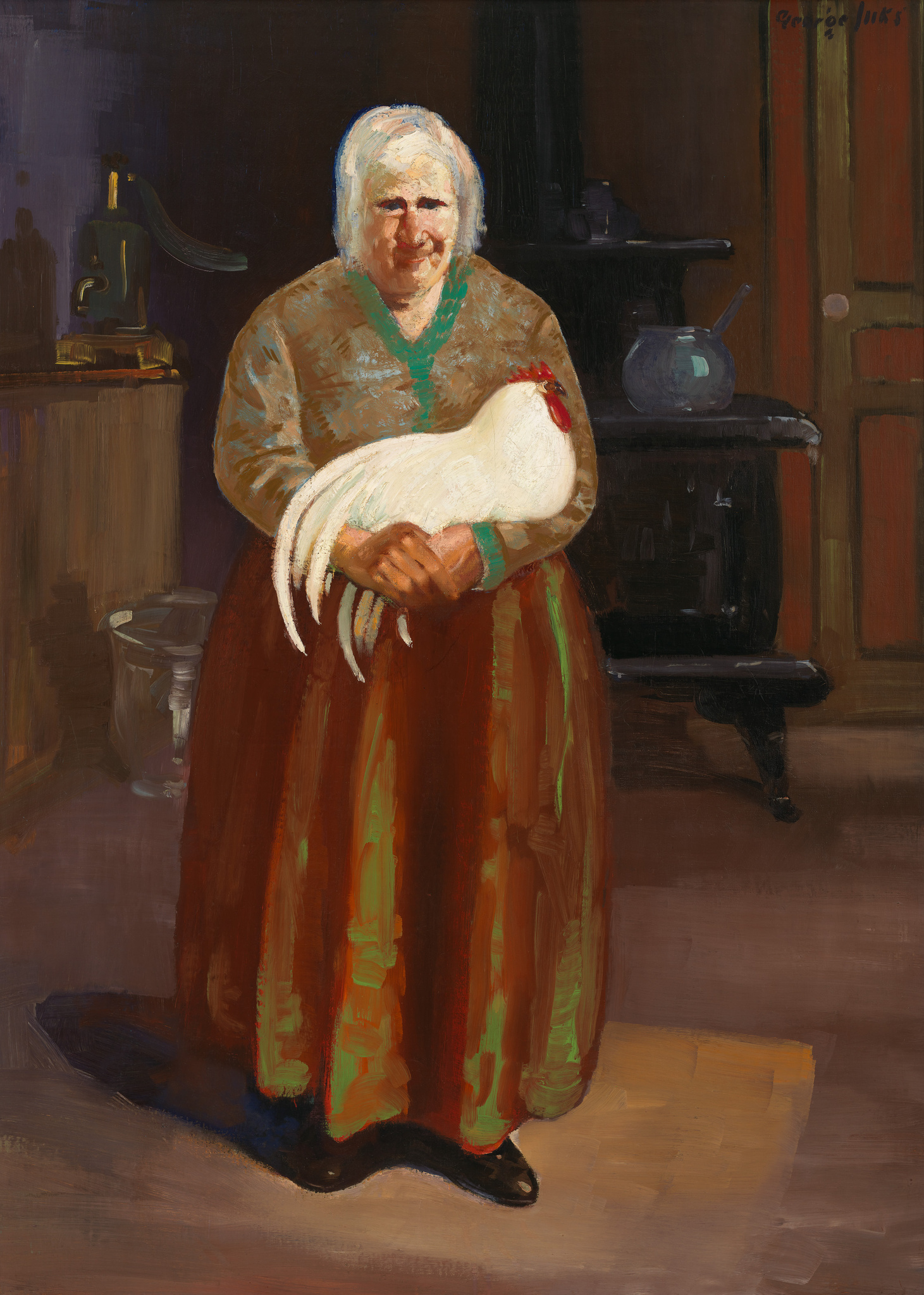 An oil painting depicting an elderly woman with white hair smiling gently while holding a white chicken in her arms. She is dressed in traditional attire with a patterned shawl over a long, orange skirt. In the background, there's a cast-iron stove with a kettle on top, and to the left, a glimpse of a wooden bucket. The artist's signature is visible in the top right corner.