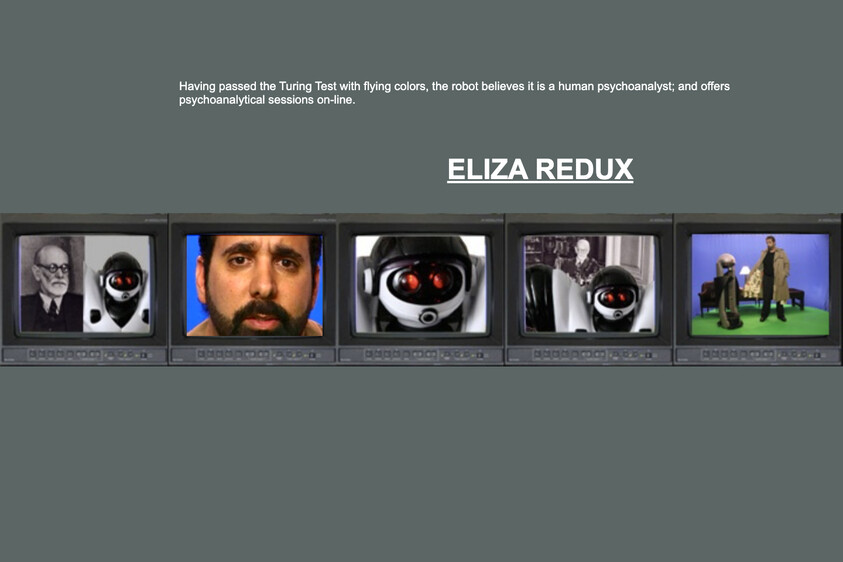 Five screens show a robot and people, with text about a robot passing the Turing Test and offering online psychoanalysis. Title: "ELIZA REDUX".