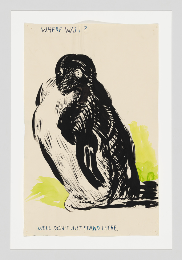 Illustration of a stylized bird with human-like features sitting with its wing to its forehead in a thoughtful pose, against a cream background with a splash of green paint. Above the bird, the text reads "WHERE WAS I?" and below it says "WELL DON'T JUST STAND THERE."