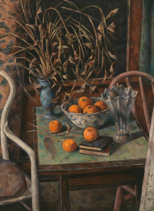 Oil painting depicting a still life scene with a vase of dried plants, a bowl of oranges, a silver vase, and two books on a rustic wooden table. The composition is rich in earthy tones and textures, with a play of light and shadow enhancing the objects' three-dimensionality.