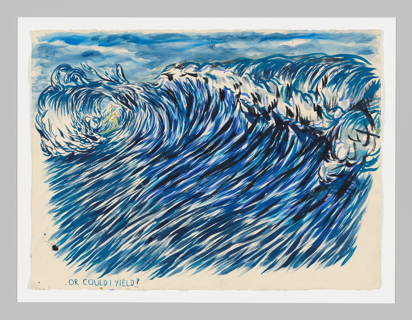 A vibrant artwork depicting a dynamic ocean scene with rolling waves in shades of blue and white, with the text "...OR COULD I YIELD?" written at the bottom. The piece has a hand-drawn, expressive style, capturing the movement of the sea.