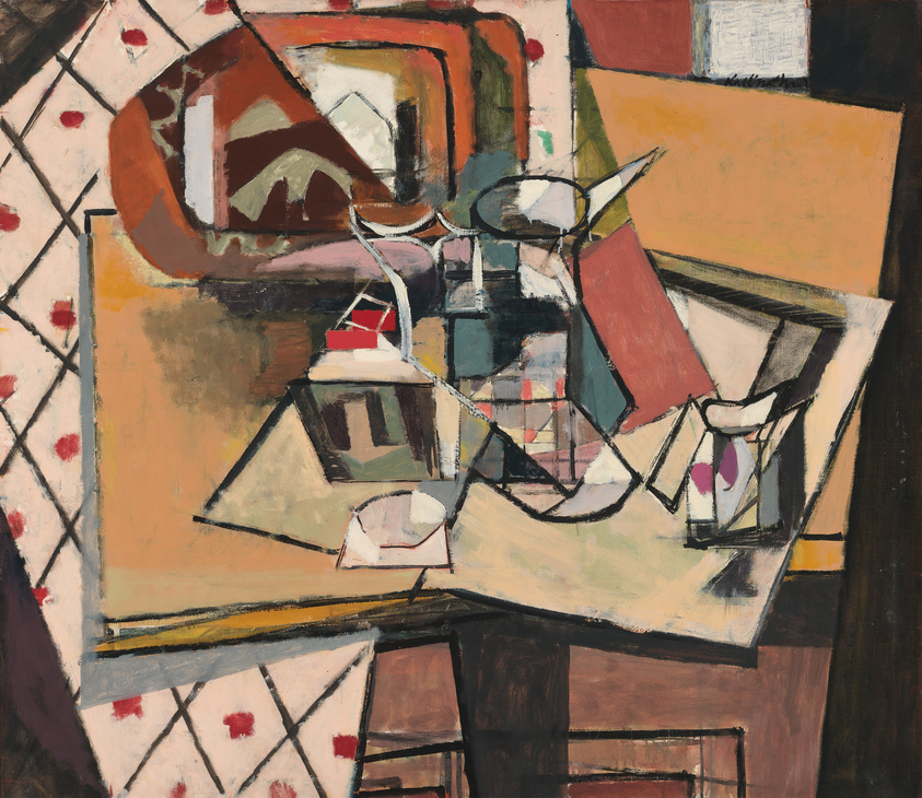 Abstract cubist painting featuring geometric shapes and fragmented objects in a palette of browns, reds, whites, and blacks, with hints of pattern and texture suggesting a still life arrangement on a table.