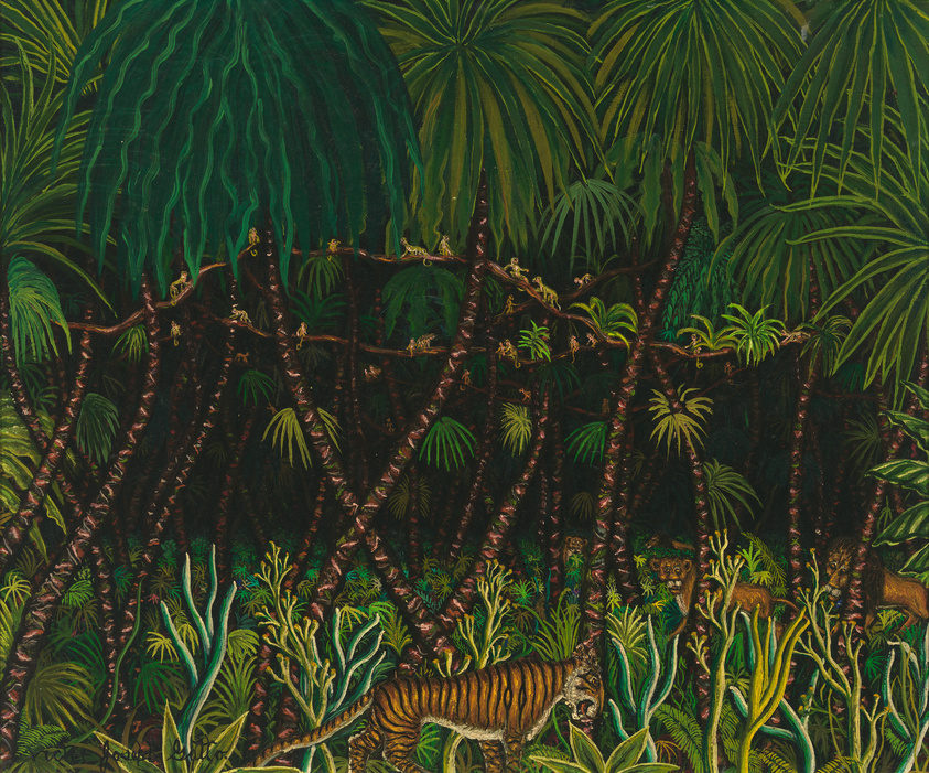 A vibrant painting depicting a dense jungle scene with lush greenery and a variety of tropical plants. The foliage is thick with large palm leaves and intricate patterns of light and shadow. A tiger is subtly integrated into the lower right corner, blending into the environment with its striped fur.