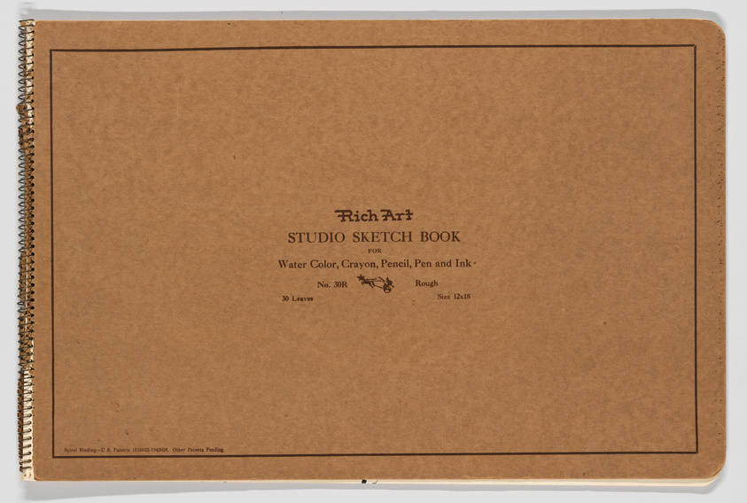 A spiral-bound Rich Art studio sketchbook with a brown cover, designed for watercolor, crayon, pencil, pen, and ink. The cover indicates it is size 12x18 with 30 leaves and has a rough texture, labeled as No. 30R.