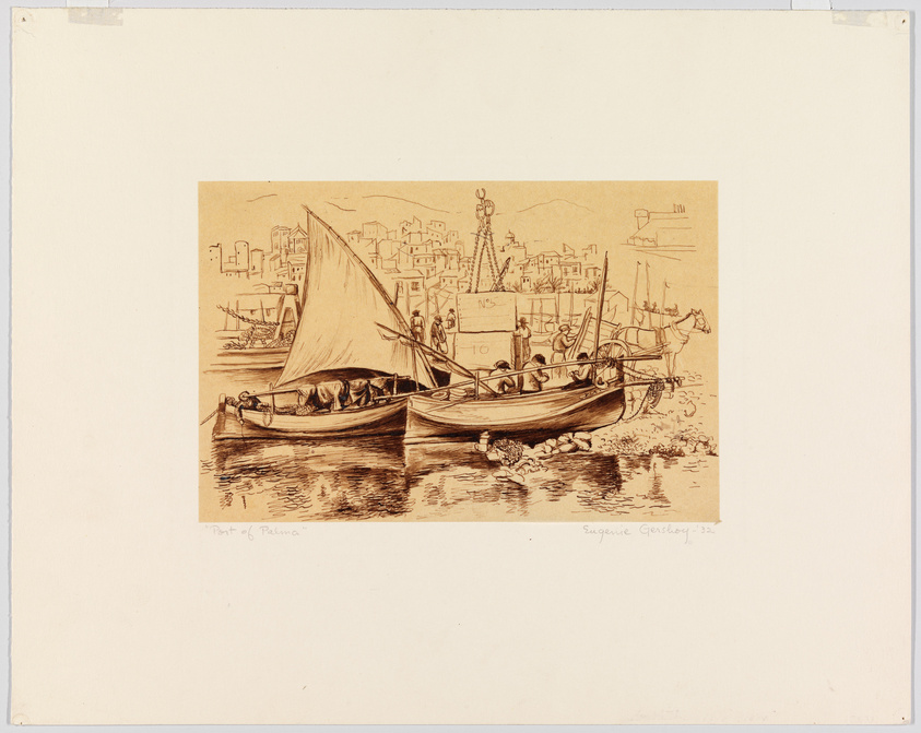 A sepia-toned sketch depicting a bustling port scene with various boats, including one with a prominent sail, moored in calm waters. In the background, a dense cluster of buildings suggests a crowded cityscape, possibly Mediterranean, with hills faintly visible in the distance. The artwork is signed "Suzanne Gansberg '32" and titled "Port of Palma."
