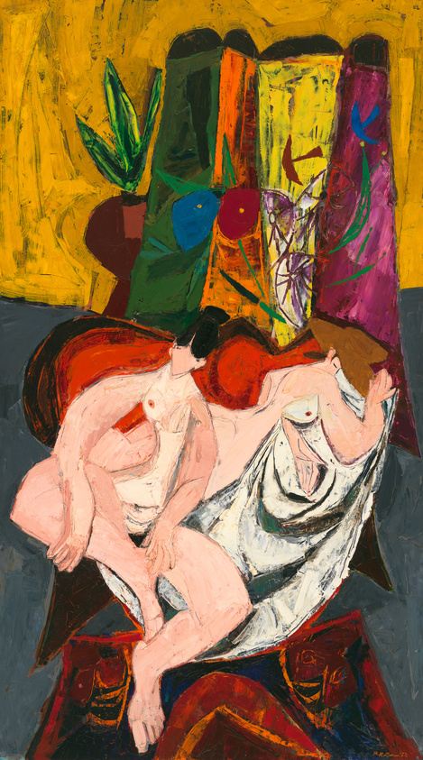 A vibrant expressionist painting featuring two nude figures reclining in the foreground with a backdrop of abstract shapes and bold colors. The background consists of a yellow wall with a green plant on the left and colorful, abstract architectural elements on the right. The brushwork is thick and textured, contributing to the overall dynamic and emotive quality of the artwork.