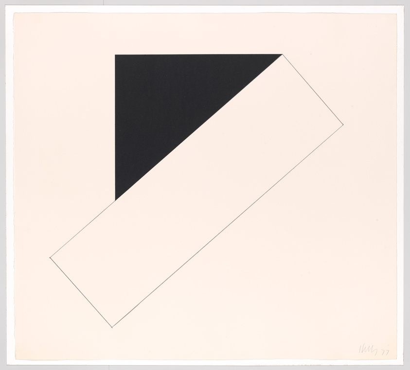 A minimalist geometric artwork featuring a large black triangle on a pale pink background, partially overlapped by a white outlined parallelogram. The piece is signed and dated in the bottom right corner with the year '77.