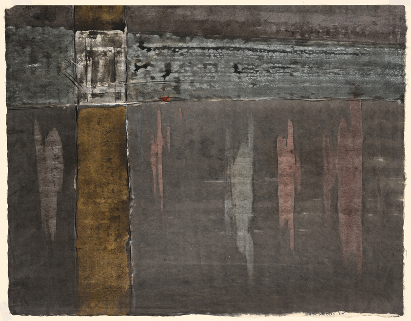 An abstract painting with a textured appearance, featuring a dark palette with shades of brown, gray, and black, and subtle hints of red. The composition is divided by a vertical band of golden brown, intersecting with a horizontal band of dark gray that shows signs of wear or distress. The lower half of the artwork has vertical streaks of color that resemble reflections or shadows. The paper's edges are rough and uneven, adding to the artwork's rustic and aged feel.