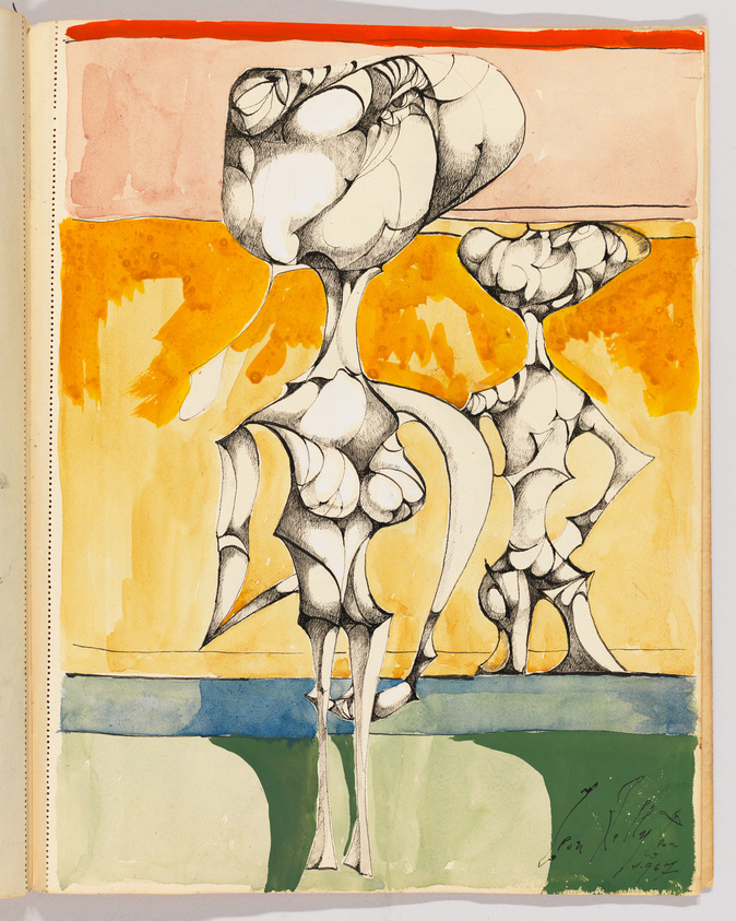 A vibrant abstract painting featuring organic, bulbous shapes in black ink, with areas filled in with washes of yellow, orange, and green watercolors. The composition is divided into horizontal bands of color, with the shapes overlapping the bands. The artwork is on a page with perforations along the left edge, suggesting it was torn from a spiral-bound pad, and there is a signature with the date 1962 in the bottom right corner.