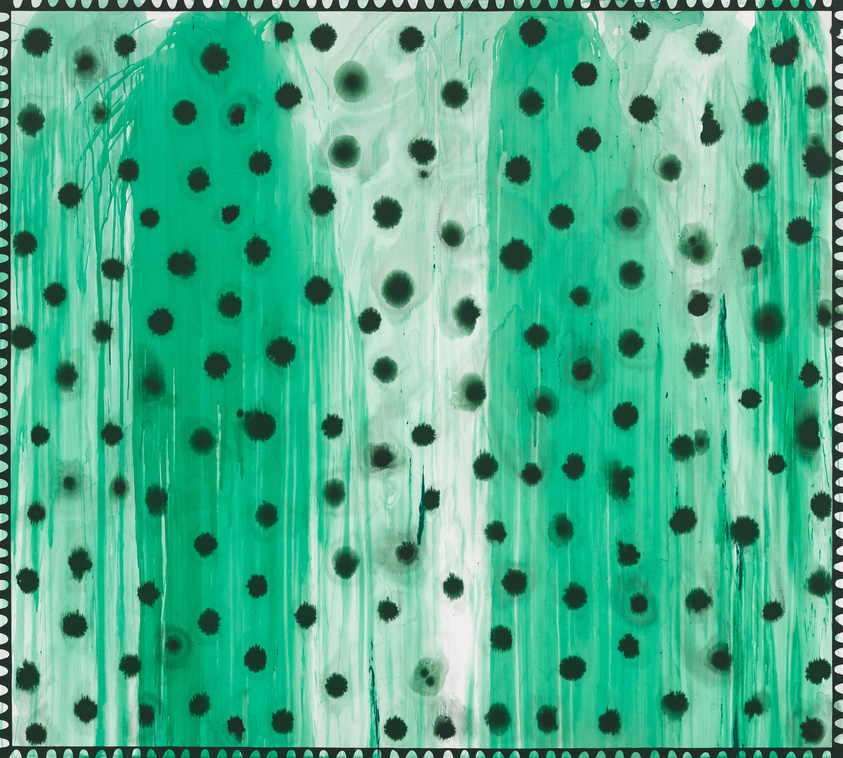 Abstract green painting with black splotches and drips, framed by a patterned border.