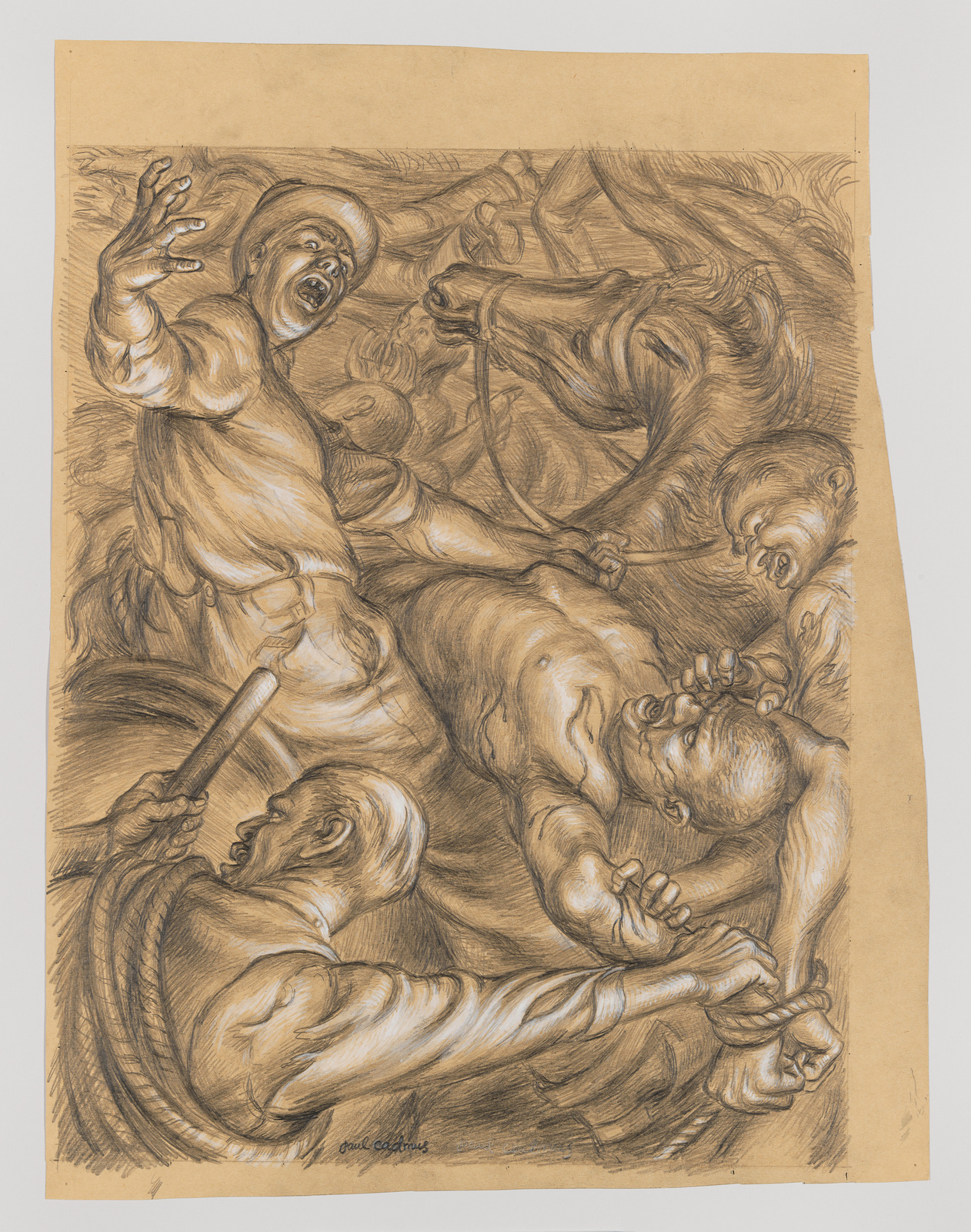 A detailed pencil drawing on tan paper depicting a dynamic and chaotic scene of multiple figures in a struggle. The figures appear to be in intense physical conflict, with exaggerated facial expressions conveying fear, aggression, and pain. One figure in the foreground is wielding a club, while others are entangled in a mass of limbs and torsos. The artwork is signed by the artist at the bottom.