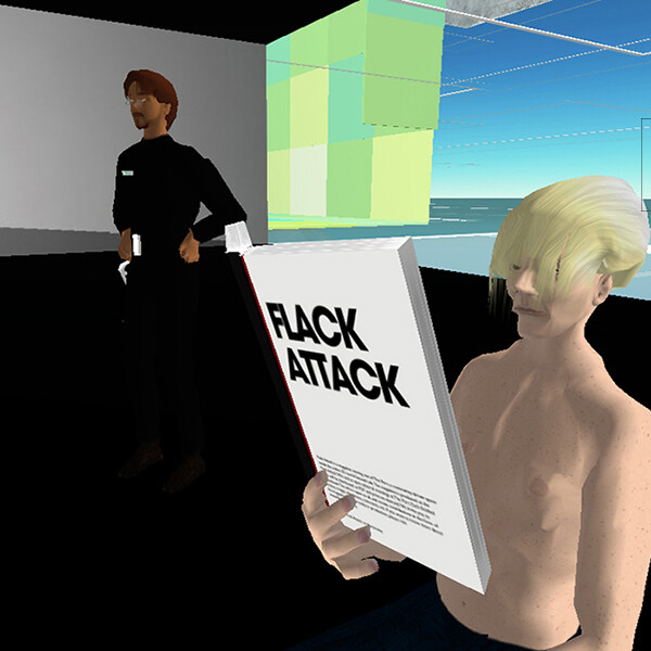 A shirtless person reads a book titled "FLACK ATTACK" while another person stands in the background in a virtual environment.