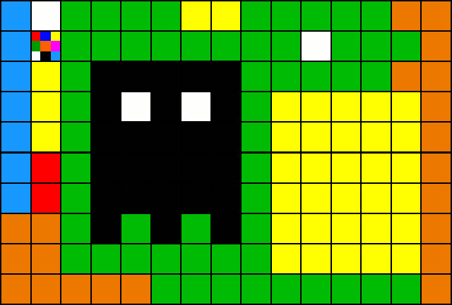Pixel art of a black ghost with white eyes on a green background, featuring a yellow circle and colorful squares on the left.