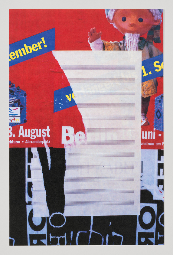 A collage featuring various elements including a doll with raised hand, pieces of text such as "Remember!" and dates, and a large white paper with horizontal lines in the center, all against a red background. The composition includes overlapping layers of text and images, creating a visually busy and textured appearance.