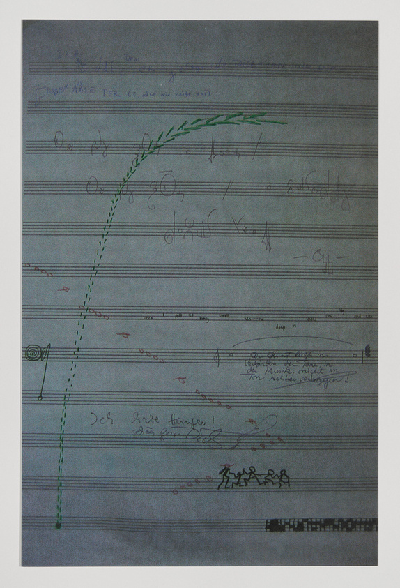 A photograph of a piece of paper with musical staff lines and various doodles and annotations. The doodles include a green, dashed line resembling a plant stem with leaves, and small stick figures. There are musical notes and symbols scattered across the staff lines, some crossed out, and handwritten text in different areas, suggesting a creative or educational process.