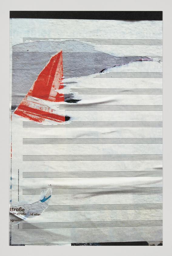 A textured collage featuring abstract elements with a dominant red sail-like shape at the top left, horizontal lines suggesting musical staff lines across the middle, and fragments of text and imagery at the bottom. The overall composition has a weathered and layered appearance.