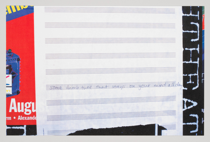 A collage with a central piece of lined music staff paper with handwritten text, flanked by colorful magazine cutouts on the left and a black and white patterned strip on the right.